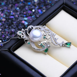 472 FENASY 925 Sterling Silver Phoenix Freshwater Pearl Emerald Pendant Necklace