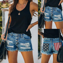 Load image into Gallery viewer, 180 Ang Fou Woman&#39;s American Flag Printing Raw Edge Ripped Jean Denim Shorts