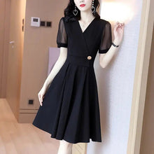 Load image into Gallery viewer, 689 Lanjing Women&#39;s Black Short Sleeve Slim A-line French Little Black Dress Plus