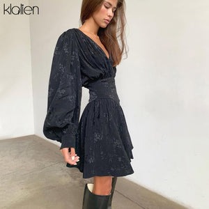 662 KLALIEN Women's Black Chiffon Printing Elegant Pleated Mini Black Dress