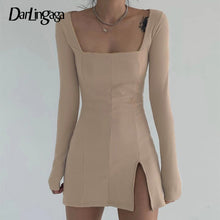 Load image into Gallery viewer, 387 Darlingaga Elegant Square Neck Ribbed Split Side Long Sleeve Black Mini Dress