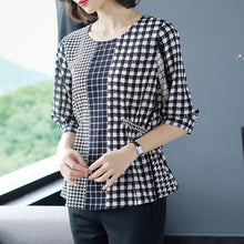 Load image into Gallery viewer, 929 RibbonFish Women&#39;s Summer Chiffon O-Neck Half Sleeve Plaid Loose Tops Plus
