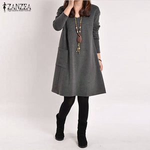 1260 Zanzea Women's Long Sleeve O-neck Pocke Loose Midi Dress Plus