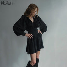 Load image into Gallery viewer, 662 KLALIEN Women&#39;s Black Chiffon Printing Elegant Pleated Mini Black Dress