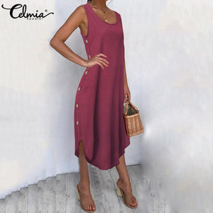 321 Celmia Women's Stylish Irregular Hem Sleeveless Loose O-Neck Dress Plus