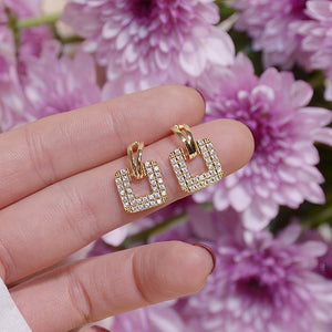 1131 Women's 14k Real Gold Square Pave Inlaid Top Cubic Zirconia Elegant Earrings