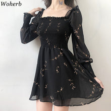 Load image into Gallery viewer, 1124 Woherb Women&#39;s Vintage Style Puff Sleeves Chiffon Flower Black Dress