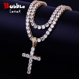 286 Bubble Letter Gold Cross 4mm Cubic Zirconia Tennis Chain Pendant Necklace