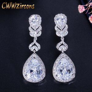 376 CWW Zircons Elegant Water Drop Shaped CZ Crystal Bridal Long Earrings