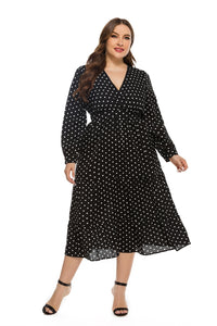 411 DOIB Plus Size Black Polka Dot V-Neck Lantern Sleeve Dresses Plus
