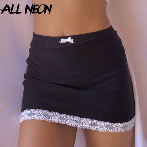 168 ALLNeon E-girl High Waist Sweet Bow Lace Trim Black Swim Skirts