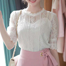 Load image into Gallery viewer, 931 RibbonFish Women&#39;s Style Hollow Out O-neck Half Sleeve Lace Blouses Top Plus