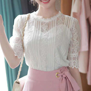 931 RibbonFish Women's Style Hollow Out O-neck Half Sleeve Lace Blouses Top Plus