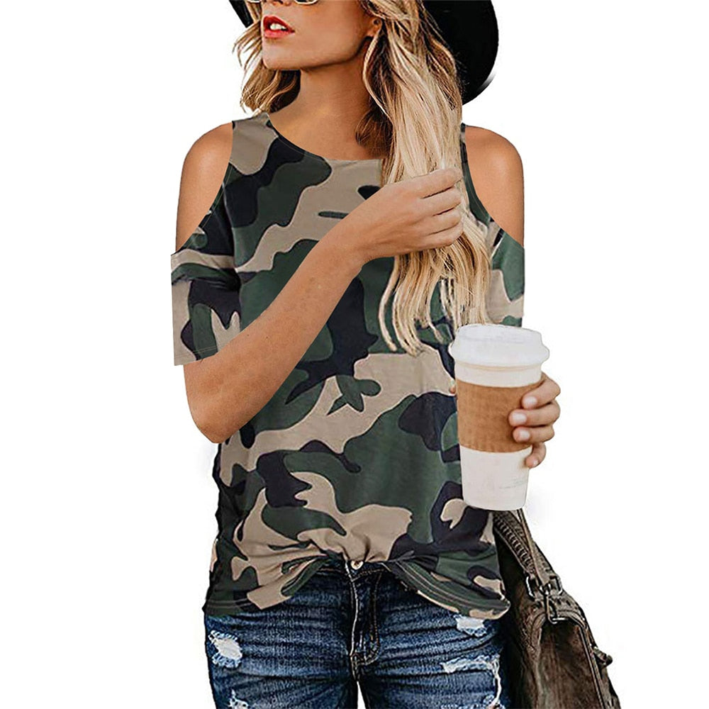 737 Lusofie Women's Camouflage Hollow Out Short Sleeve Loose Tie T-Shirt