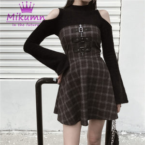 762 Mikumn Women's Black Grey Spaghetti Strap Gothic Plaid Mini Dresses