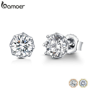 215 BAMOER Authentic 925 Sterling Silver Classic Clear Cubic Zircon Small Stud Earrings