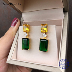 973 Shipei Natural Green Emerald 925 Sterling Silver Gold Fine Stud Earrings