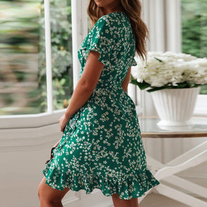 421 Dozw Women's Summer V-Neck Short Sleeve A-Line Floral Print Ruffle Mini Dress
