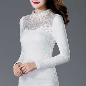 1385 Women's Stand Collar Long Sleeve Lace Top