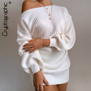 361 Cryptographic Women's Long Sleeve Cold Shoulder Loose Knitted Mini Dress