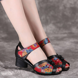 1392 Women's Genuine Leather Floral Breathable Peep Toe Sandals