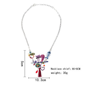 381 D&Rui Woman's Cute Cat Fish Bone Statement Enamel Charm Pendant Necklace