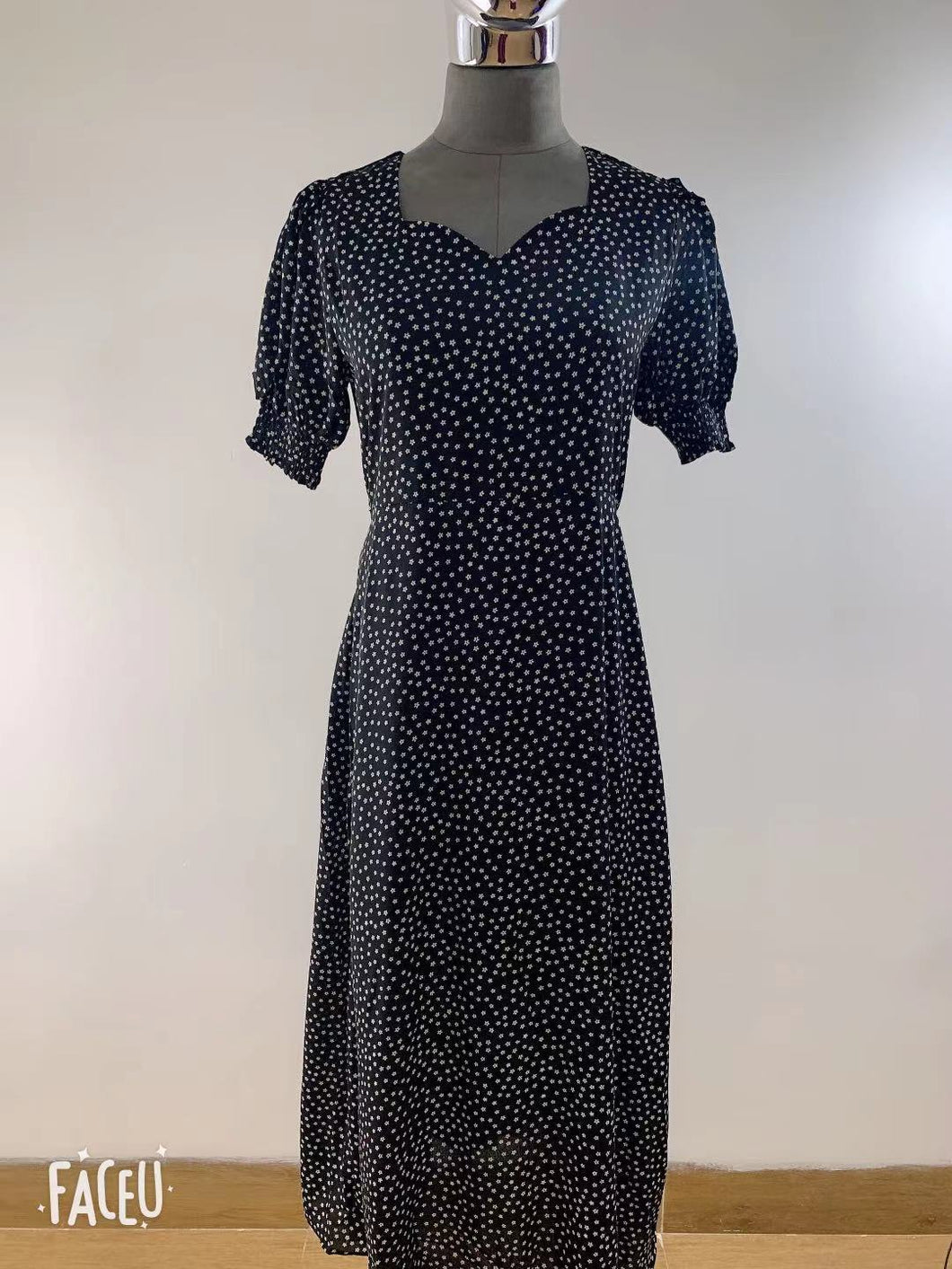 1112 Waitsun Chiffon Short Sleeve V-Neck Vintage Style Floral Long Dress