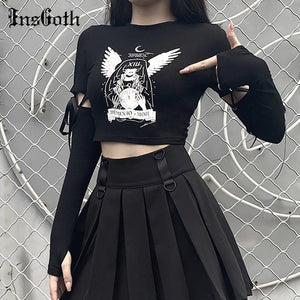 596 InsGoth Women's Witch Print Black Long Sleeve Patchwork Tops