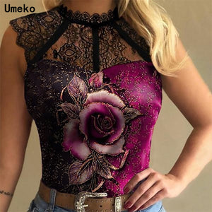 1416 Summer Women Sexy Lace Mesh T-Shirt Sleeveless Crew Neck  Collar See-through Tops Spring Fashion Rose Flower Office Tops Shirts