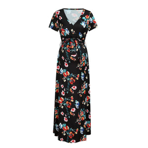 1162 Women's Maternity Short Sleeve V-Neck Floral Long Dress