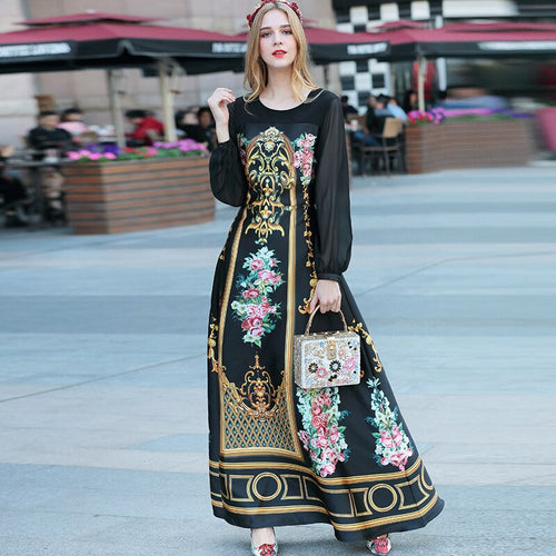 777 MoaaYina Fashion Designer Long Sleeve Vintage Style Floral Print Maxi Dress