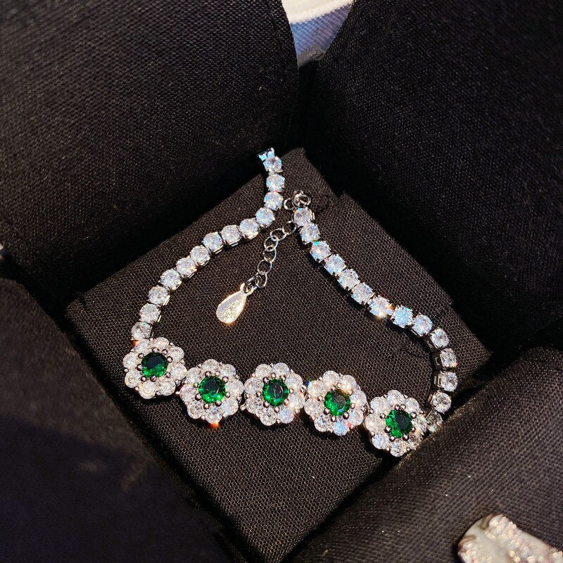 324 Charlinliol Luxury Sterling Silver Cubic Zirconia Created Emerald Gemstone Bracelet
