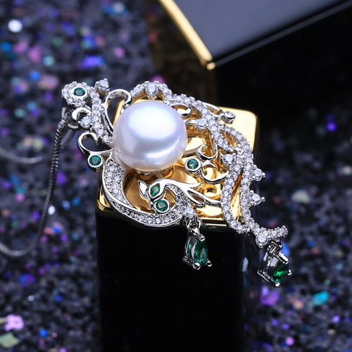 472 FENASY 925 Sterling Silver Phoenix Freshwater Pearl Emerald Pendant Necklace