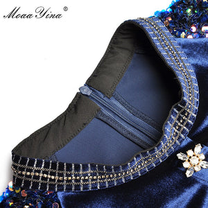 774 MoaaYina Fashion Designer Sequin Lantern Sleeve Crystal Button Velvet Dresses