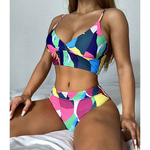 874 OIMG Women's High Waist Printed Geometric Multicolor Bikini Set Swimsuit