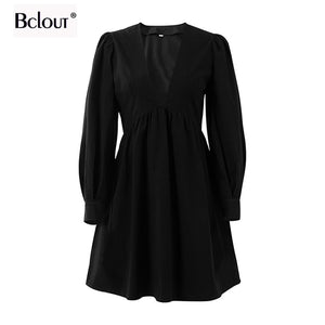 231 Bclout Women's Fit and Flare Puff Sleeve V-Neck Mini Dress