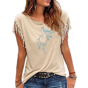 262 Bitter Coffee Women's Creative Horse Print Cotton Tassel Sleeve T-shirt Top