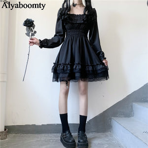 173 Alyaboomty Women's Lolita Style Puff Sleeve Princess Black Ruffle Mini Dress