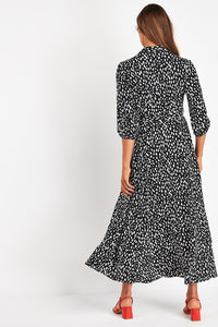 145 Aachoae Vintage Style 3/4 Sleeve Turn-Down-Collar Floral Print Maxi Dress