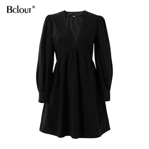 231 Bclout Women's Fit and Flare Puff Sleeve V-Neck Mini Dress