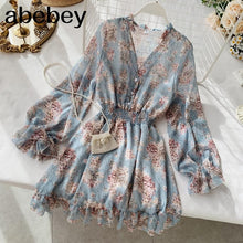 Load image into Gallery viewer, 149 Abebey Women&#39;s French Temperament V-neck Long Sleeved Chiffon Floral Dress