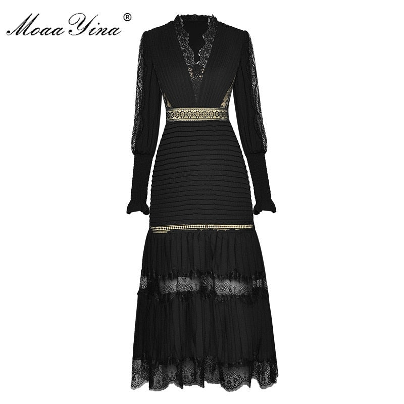 769 MoaaYina Fashion Designer Dress Lace Lantern Sleeve Ruched Elegant Dresses