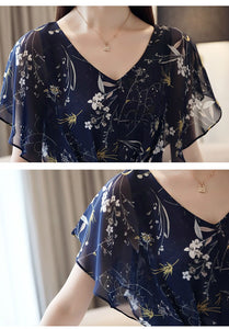 1031 SURWENYUE Summer V-neck Short Sleeve Ruffles Chiffon Floral Top Plus