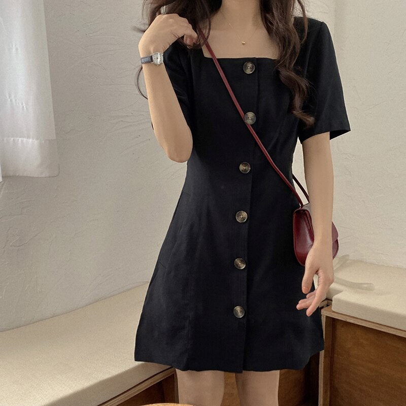 711 LISM Women's Summer French Cotton A-line Square Neck Thin High Waist Dresses