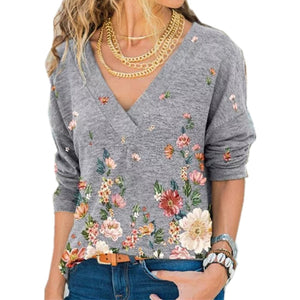 996 Snake YX Women's V-neck Flower Print Long Sleeve Casual Loose T-shirt Plus