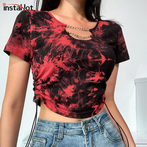 597 InstaHot Tie Dye Women's Gothic Short Sleeve Crop T-shirt