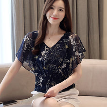 Load image into Gallery viewer, 1031 SURWENYUE Summer V-neck Short Sleeve Ruffles Chiffon Floral Top Plus