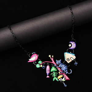 381 D&Rui Woman's Cute Cat Fish Bone Statement Enamel Charm Pendant Necklace