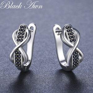 268 Black Awn 925 Sterling Silver Round Black Trendy Spinel Bow Hoop Earrings