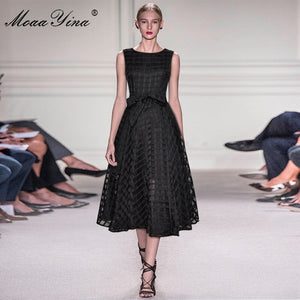 778 MoaaYina Fashion Designer Women's Sleeveless Lace Plaid Ball Gown Dress